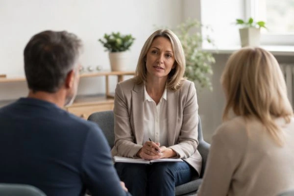 Couple discussing financial arrangement , pensions in divorce Basingstoke